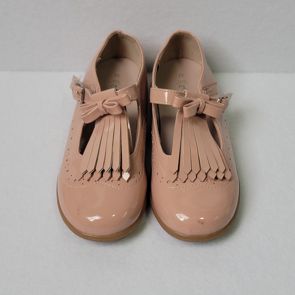 Tu Kids Blush Pink Patent T-Strap Mary Janes Kiltie Fringe Bow Shoes Size 12
